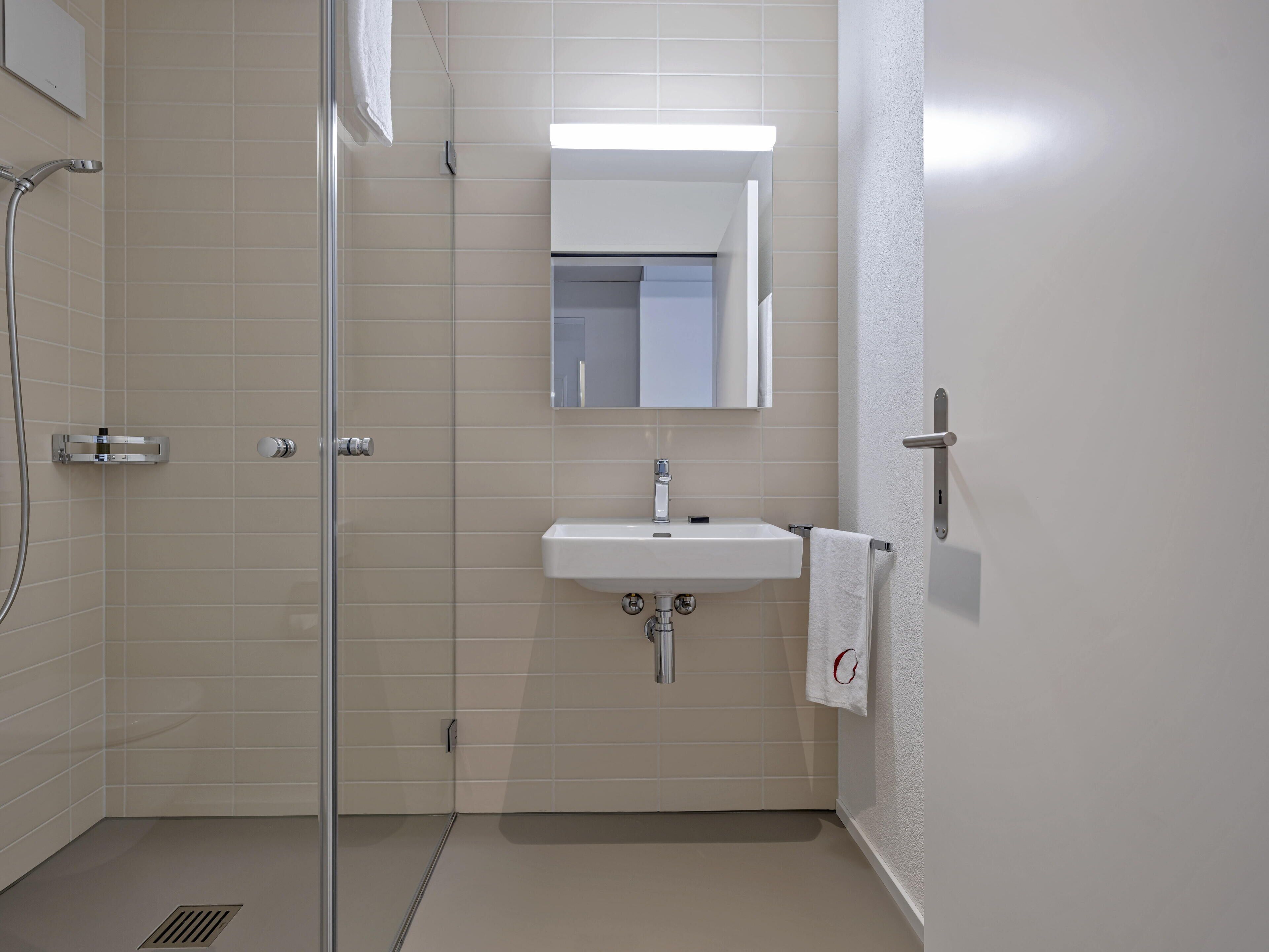Ein modernes Badezimmer mit Duschkabine aus Glas, einem weißen Waschbecken und einem Spiegel darüber.