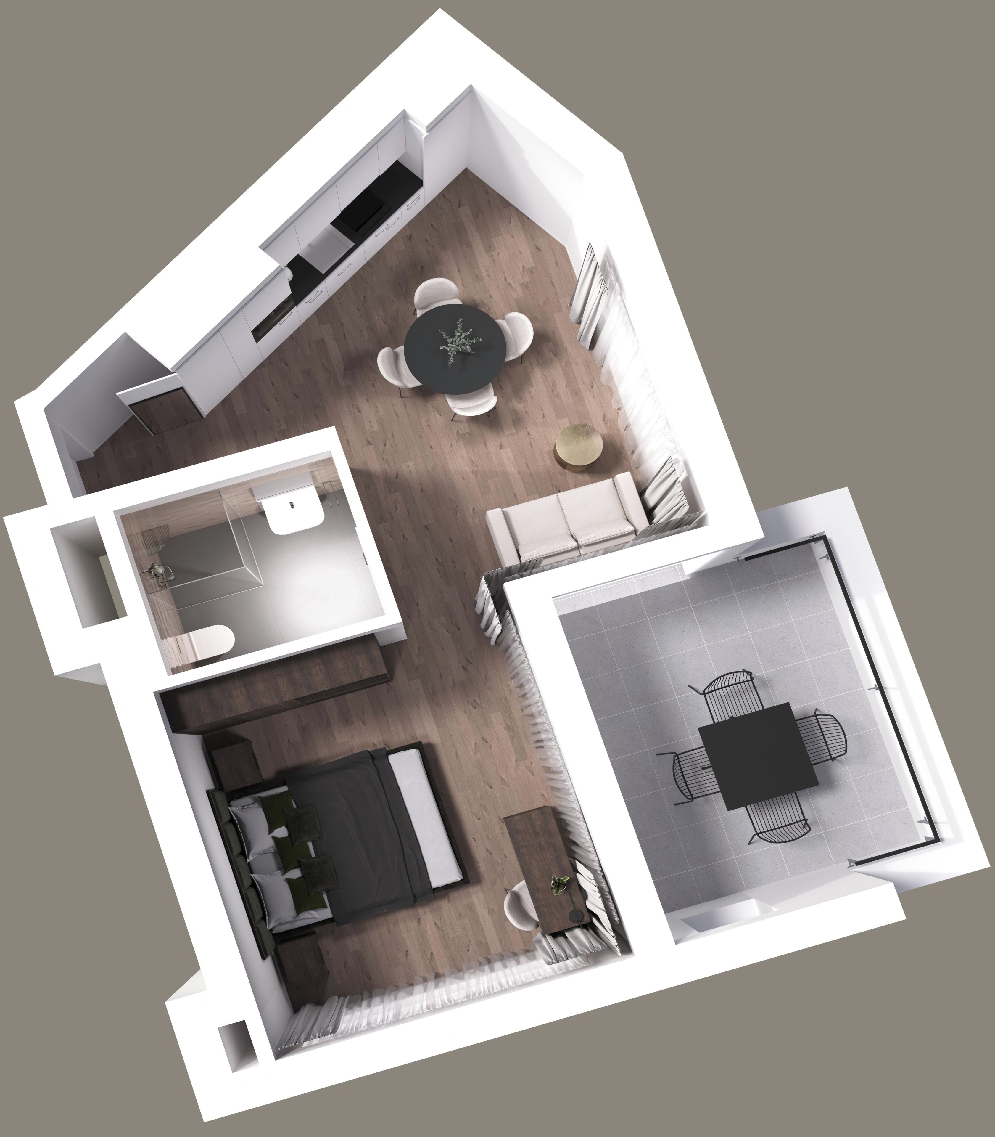 Plano de planta en 3D de un apartamento moderno con sala de estar, cocina, comedor y un balcón pequeño.
