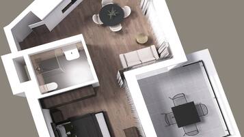Plano de planta en 3D de un apartamento moderno con sala de estar, cocina, comedor y un balcón pequeño.