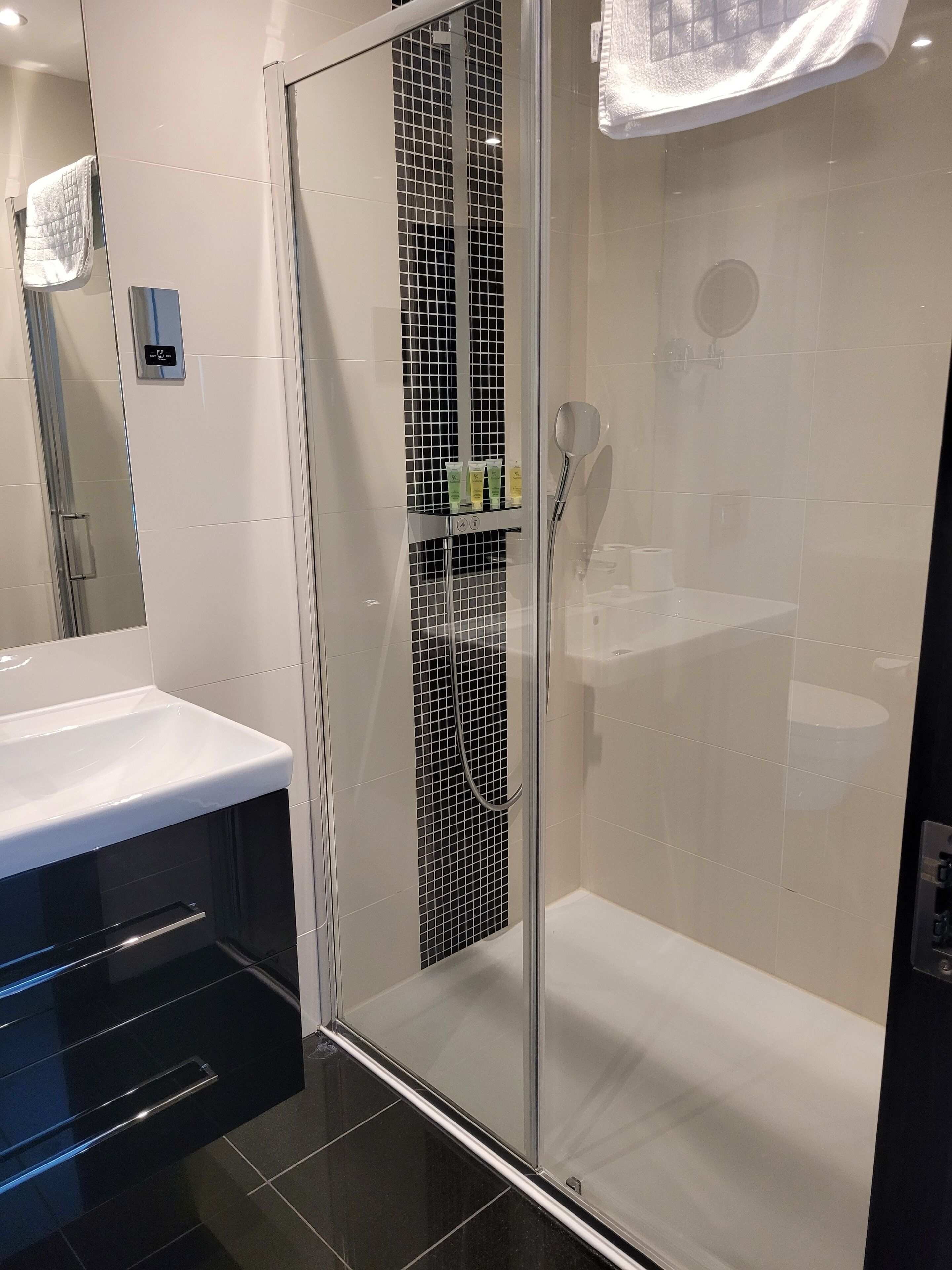 junior suite | bathroom | shower, rainfall showerhead, free toiletries, hair dryer