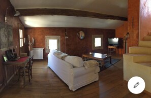 Televisie, een open haard en boeken