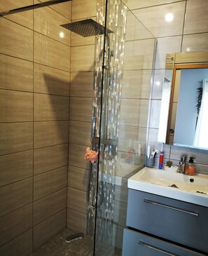 Une salle de bain moderne avec une douche à parois de verre, un lavabo avec des articles de toilette et un miroir au-dessus du lavabo.