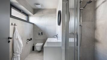 A modern bathroom with a glass shower enclosure, a white sink, and a toilet.