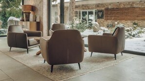 A modern interior with a seating area featuring two sofas and a coffee table, a stone wall with a wooden slat design, and a view of a snowy outdoor area. - Vista Resort Prague (Prague)