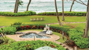 A hot tub surrounded by lush greenery and a view of the ocean.