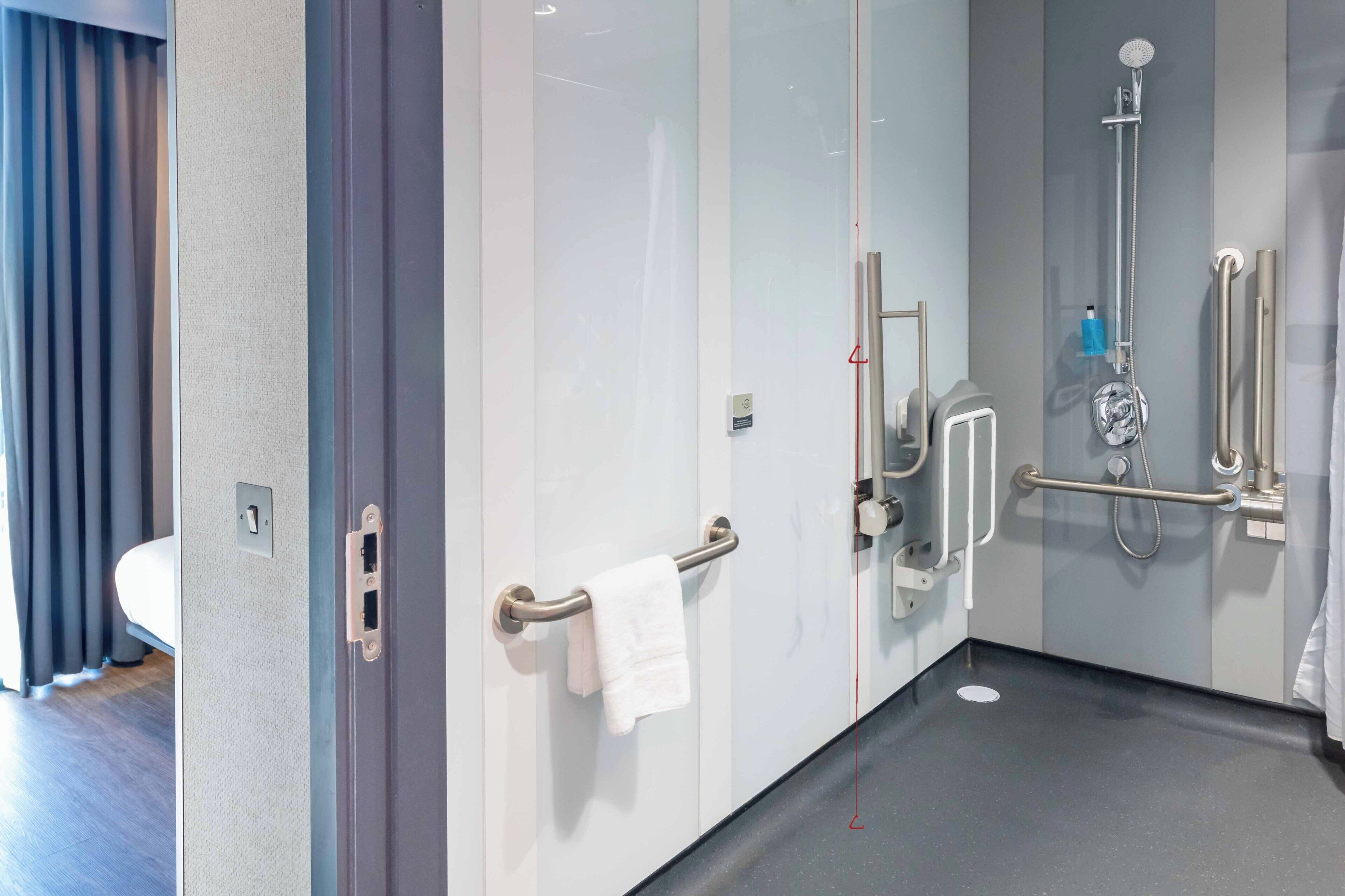 A modern bathroom with a glass partition, a shower with a handheld showerhead, and a grab bar.