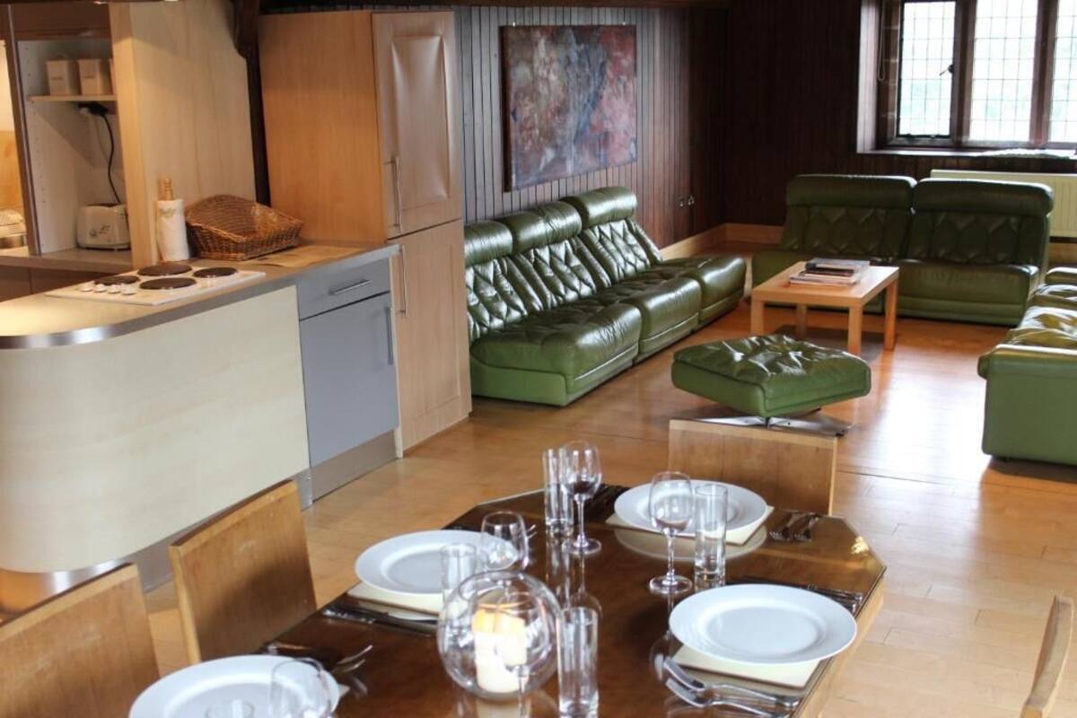 A modern living room with a green leather sofa, a dining table set for four, and a kitchen area with a built-in oven.