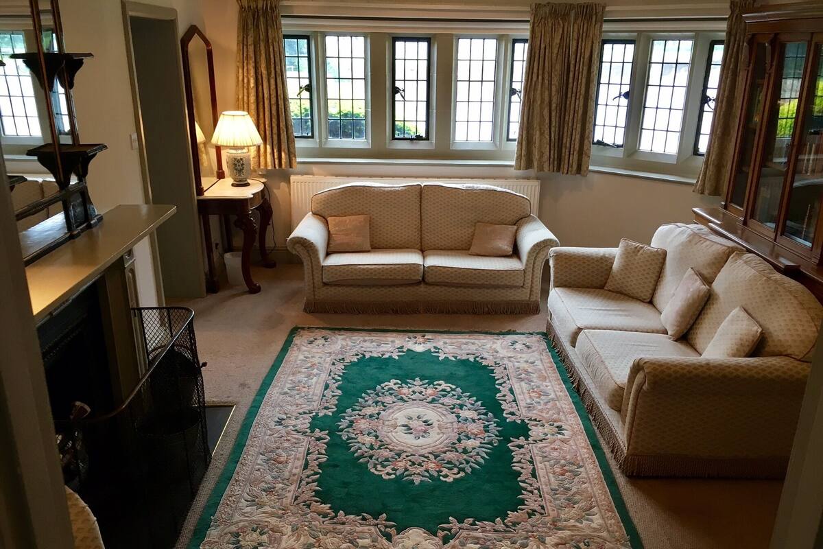 A living room with a large green and white patterned rug, a beige sofa, and a fireplace.