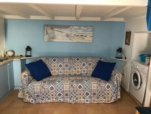 A room with a patterned sofa, two blue pillows, a wall-mounted artwork, a washing machine, and a small shelf with items. - Duplex Studio Casetta San Giovanni (Pizzo)