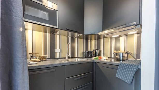 A modern kitchen with dark cabinetry, a stainless steel range hood, and a built-in oven. - Boutique Flaminio   150 m from Piazza del Popolo (ROMA)