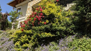 A two-story building with a stone facade, a balcony with wrought iron railings, and a variety of flowering plants in front. - Club Unicum Apartman (Hévíz)