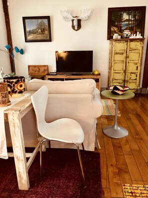 TV connectée, cheminée, médiathèque, chaîne hi-fi