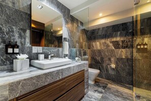 Chuveiro, secador de cabelo, toalhas de banho, shampoo