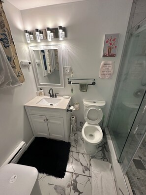 Douche, sèche-cheveux, serviettes fournies, savon