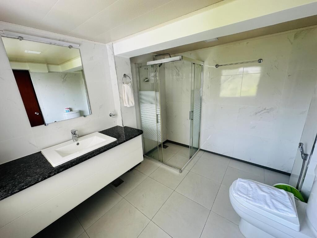 A modern bathroom with a white sink, large mirror, and a glass-enclosed shower area.
