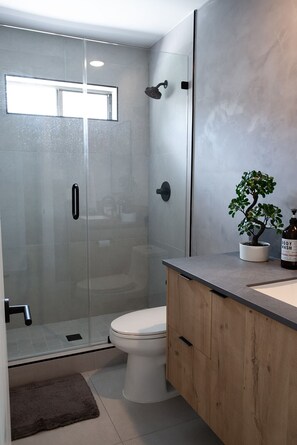 Shower, hair dryer, towels, soap