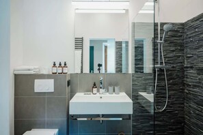 Dusche, Haartrockner, Handtücher, Toilettenpapier