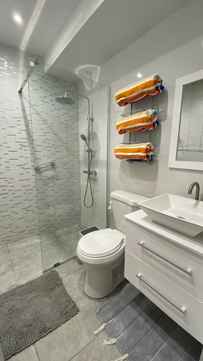 Shower, hair dryer, towels, soap