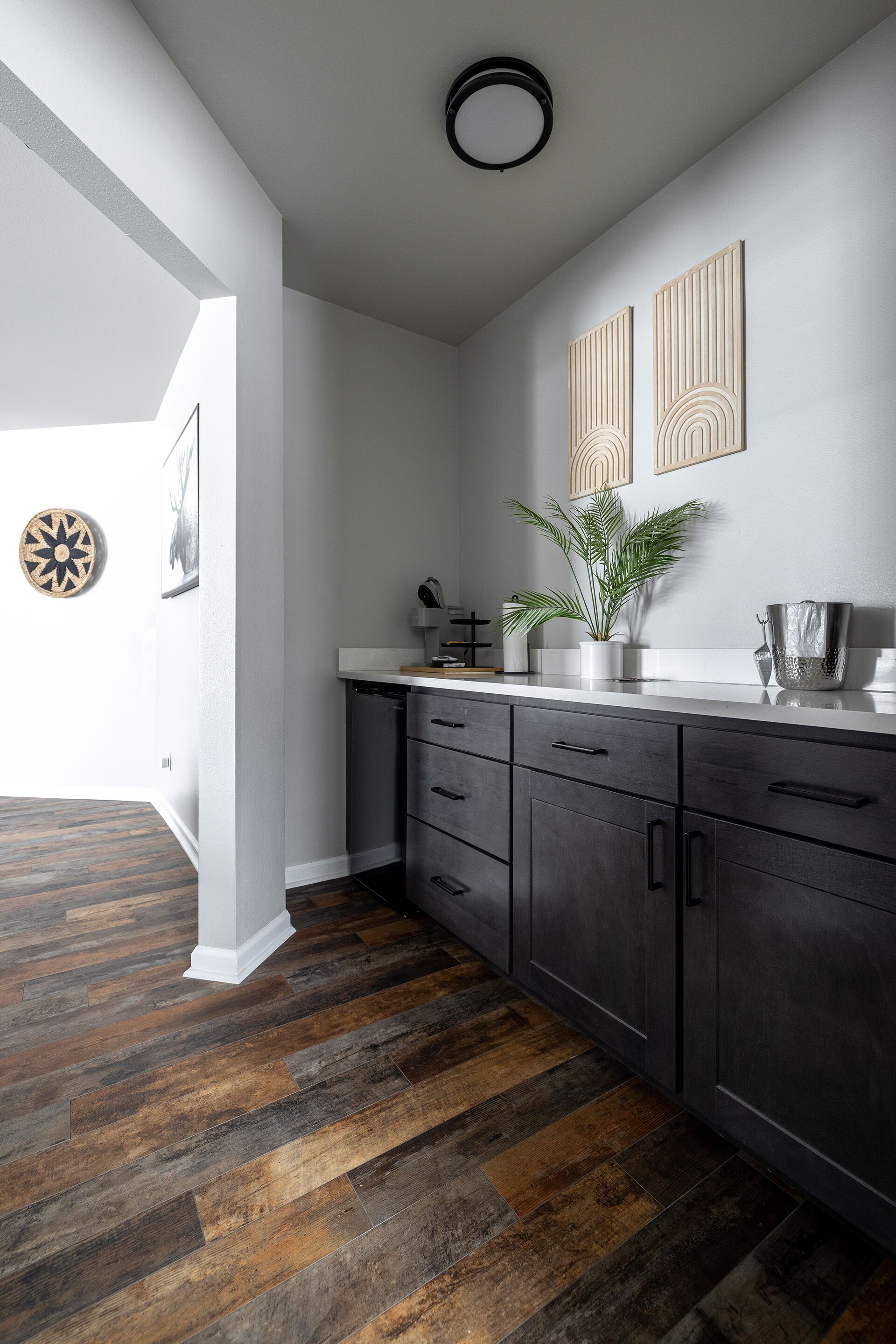 A modern kitchen with dark cabinets, a white countertop, and a potted plant.