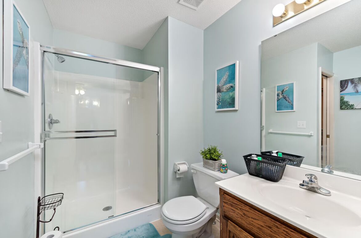 Un bagno moderno con box doccia in vetro, un water bianco e un mobile lavabo con specchio.