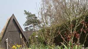 A garden with a variety of flowers and a wooden structure in the background. - Thatched-roof holiday home with water view, garden and fireplace  (Stahlbrode)
