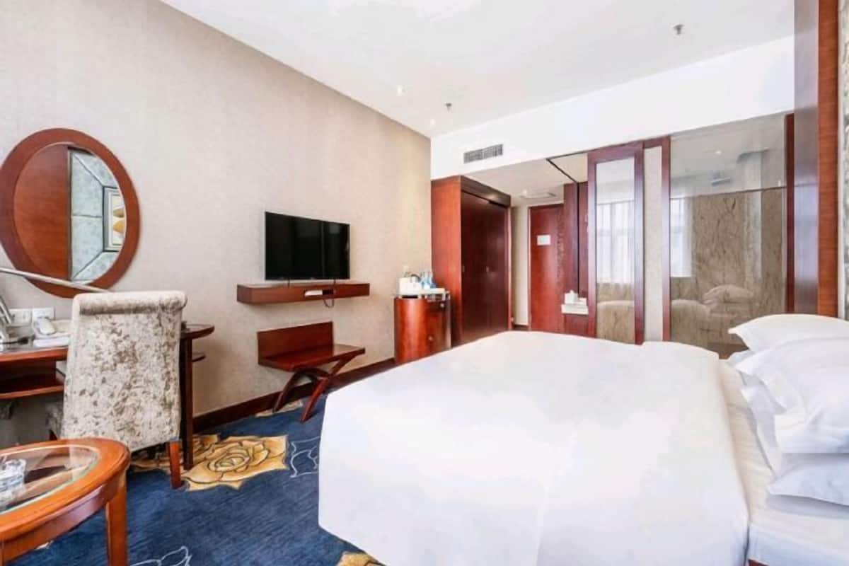 Een hotelkamer met een bed, een bureau, een stoel, een televisie en een spiegel.