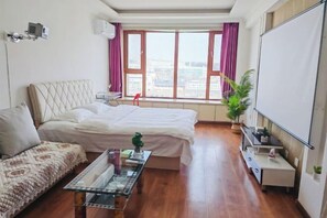 A bedroom with a bed, a sofa, a TV, a desk, a window with curtains, and a potted plant.