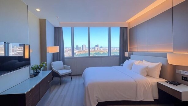 Habitación de hotel con cama, televisor, silla, escritorio y vista a la ciudad.