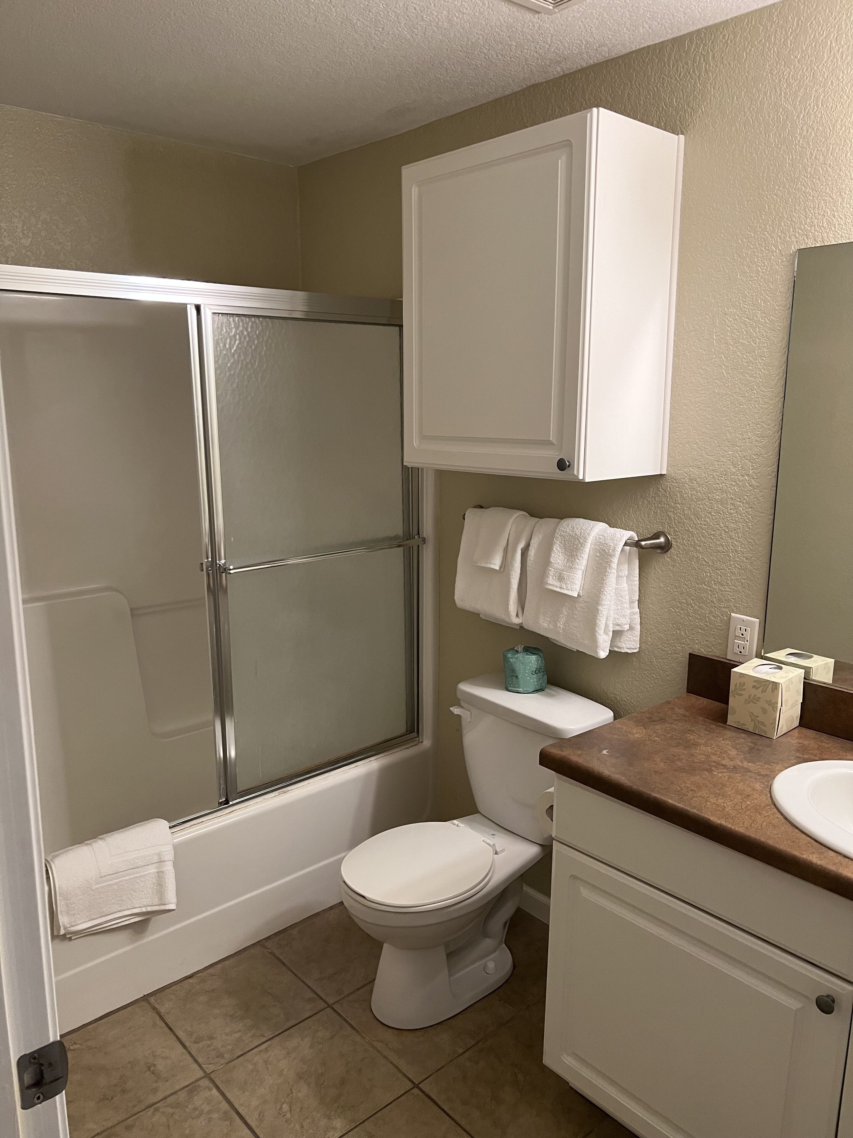 A bathroom with a shower, toilet, and sink.