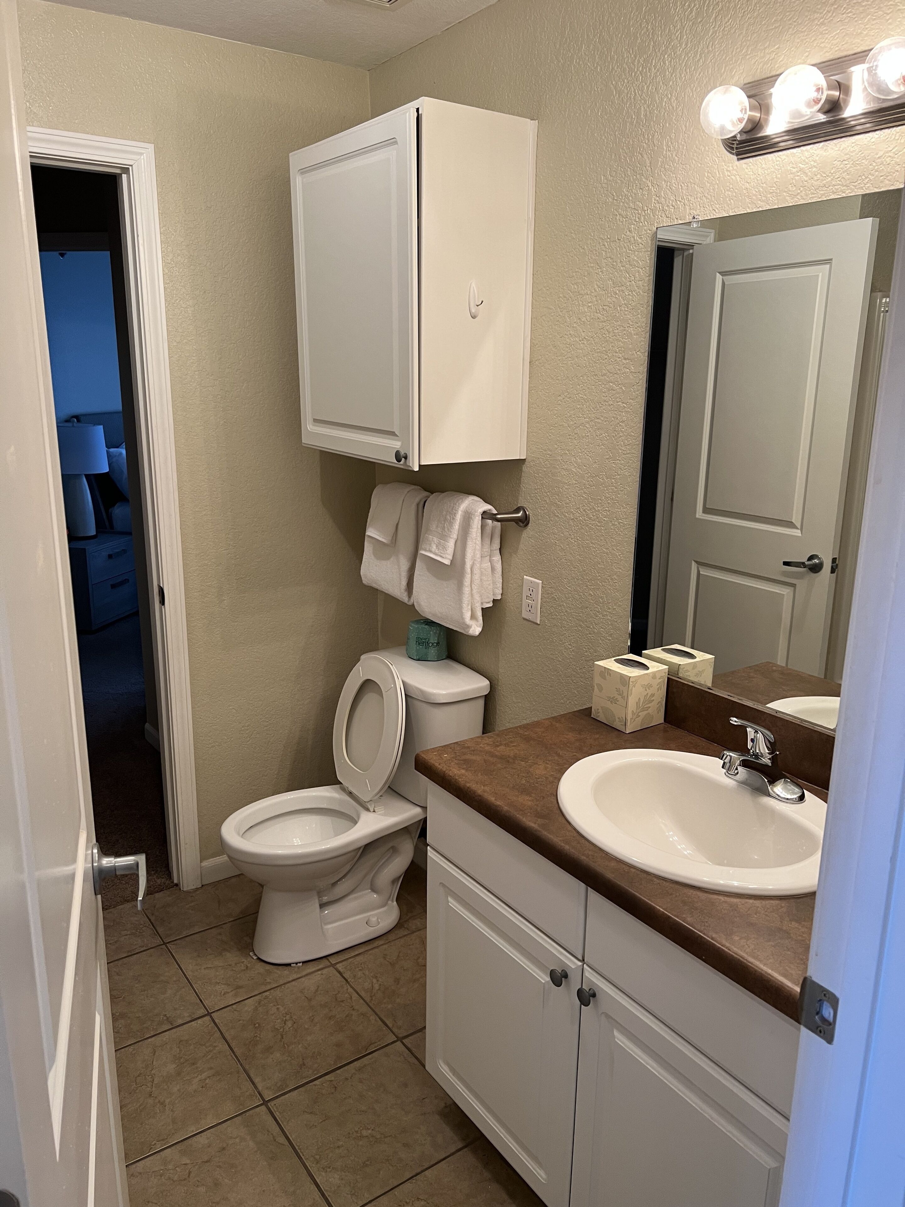 A bathroom with a toilet, sink, and cabinet.