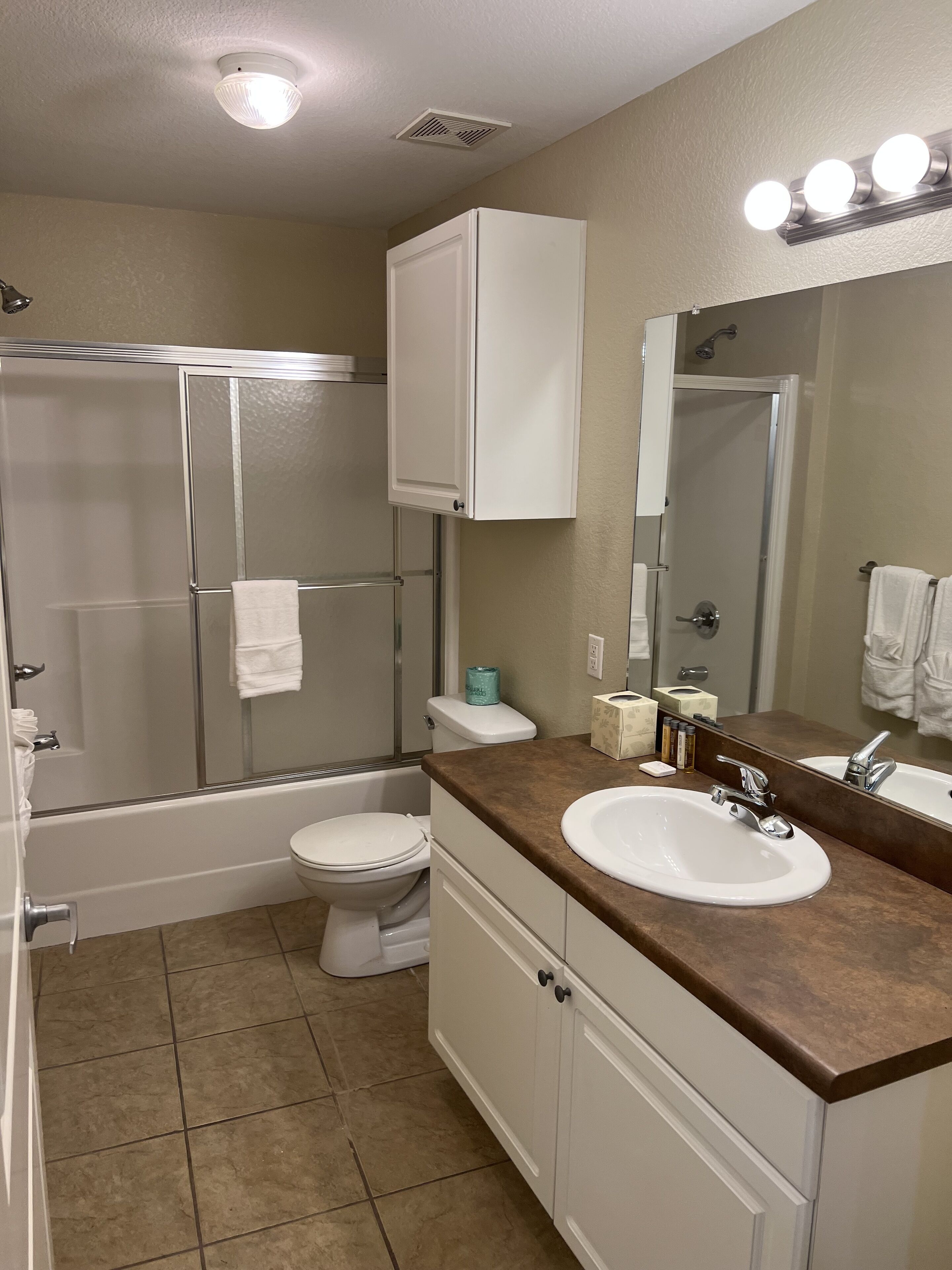A bathroom with a shower, toilet, sink, and vanity.