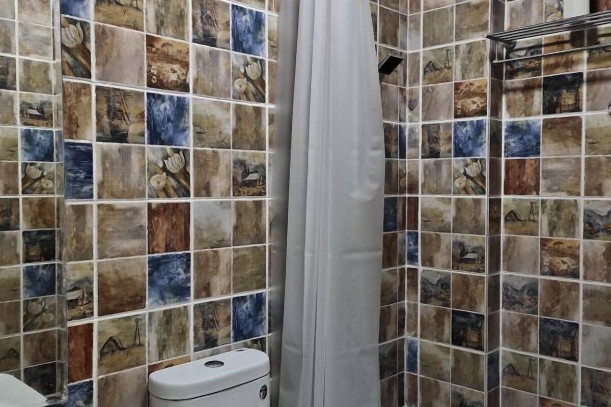 Une salle de bain avec des carreaux de mosaïque représentant différentes scènes, des toilettes blanches et un rideau de douche.