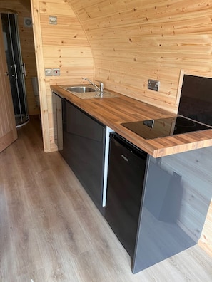 Réfrigérateur, four à micro-ondes, surface de cuisson