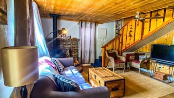 Una Smart TV, una chimenea, un reproductor de DVD, libros