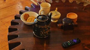 Et hyggeligt rum med trægulv, et pyntet juletræ, en pejs med brænde og et bord med forskellige ting, heriblandt en kop, en skål og en fjernbetjening.
