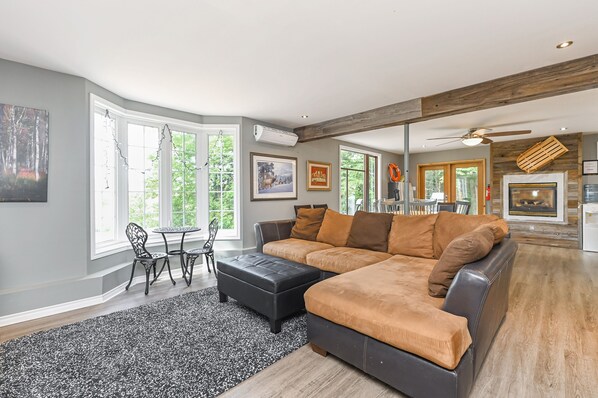 Smart TV, fireplace, books, printers