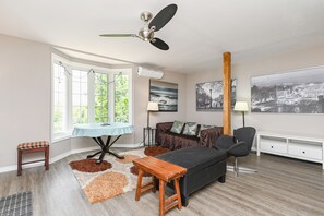 Smart TV, fireplace, books, printers