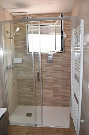 Shower, hair dryer, bidet, towels