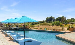 A swimming pool with lounge chairs and blue umbrellas, surrounded by landscaped gardens and a vineyard in the background.