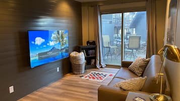 Smart TV, fireplace, ping pong, books