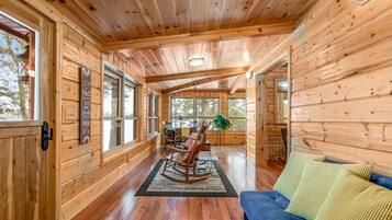 TV, fireplace, DVD player, books