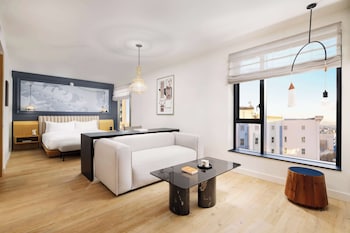 Hotel room view looking out at Timbri Hotel San Francisco, Curio Collection by Hilton