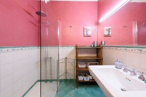 Chuveiro, secador de cabelo, toalhas de banho