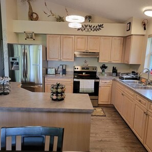 Fridge, microwave, oven, coffee/tea maker