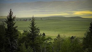 Et panorama over et bjerglandskab med en dal, træer og en fjern horisont.