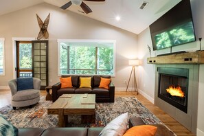 TV, fireplace, foosball