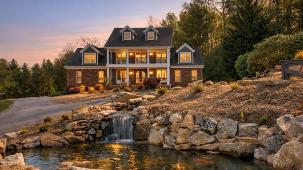 A large, two-story house with a front porch, a waterfall feature, and a pond with koi fish. - Brush Creek Pool House | Luxurious 10BR Home with Pool, Fire Pit, Game Room! (Fairview)