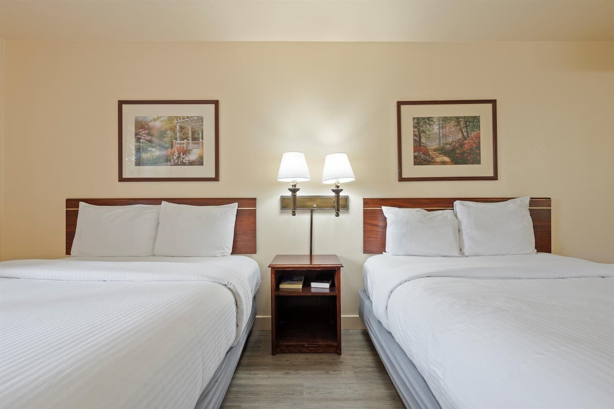 A hotel room with two beds, a nightstand with lamps, and framed pictures on the walls.