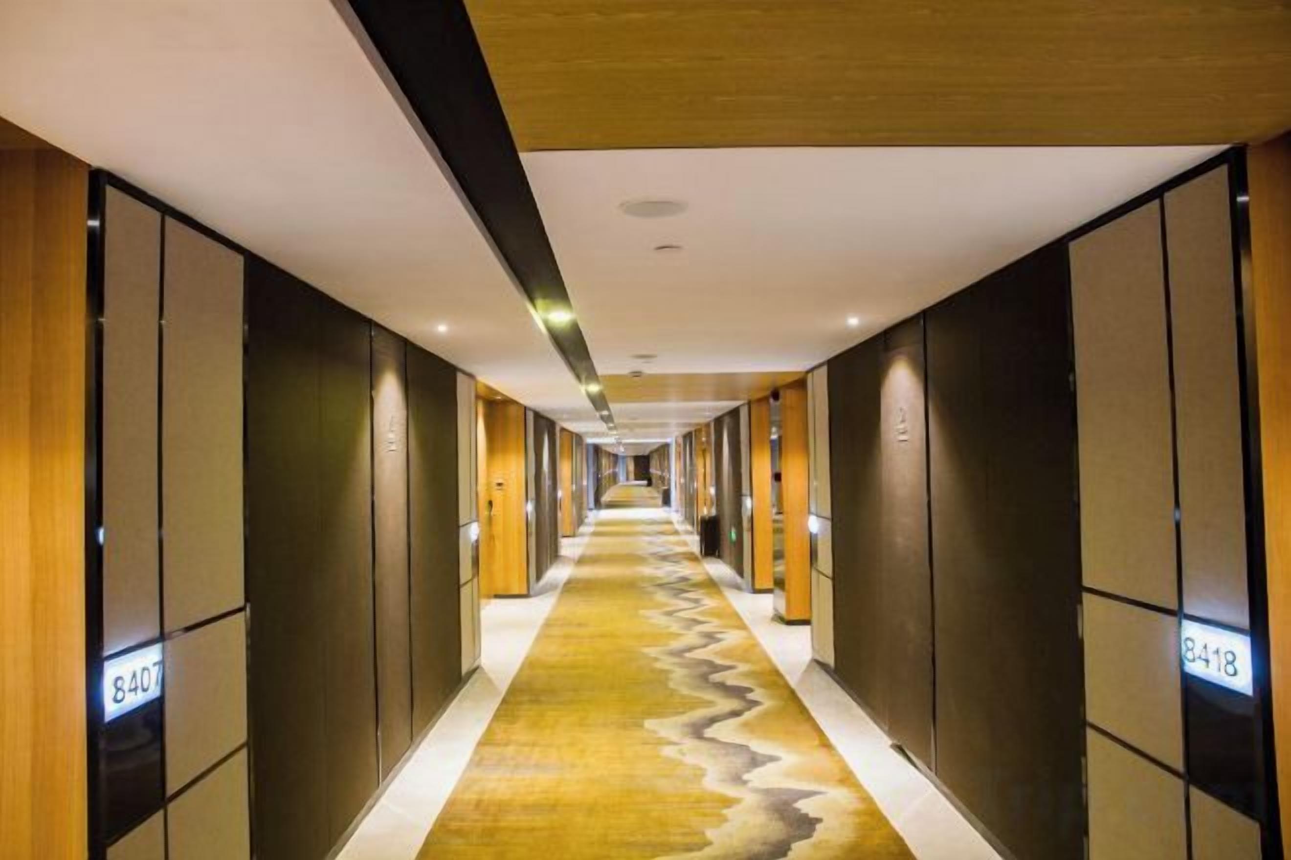 A corridor with a patterned carpet, wooden paneling, and illuminated signs indicating room numbers.