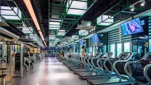 Ett gym med löpband, styrketräningsmaskiner och träningsmattor.